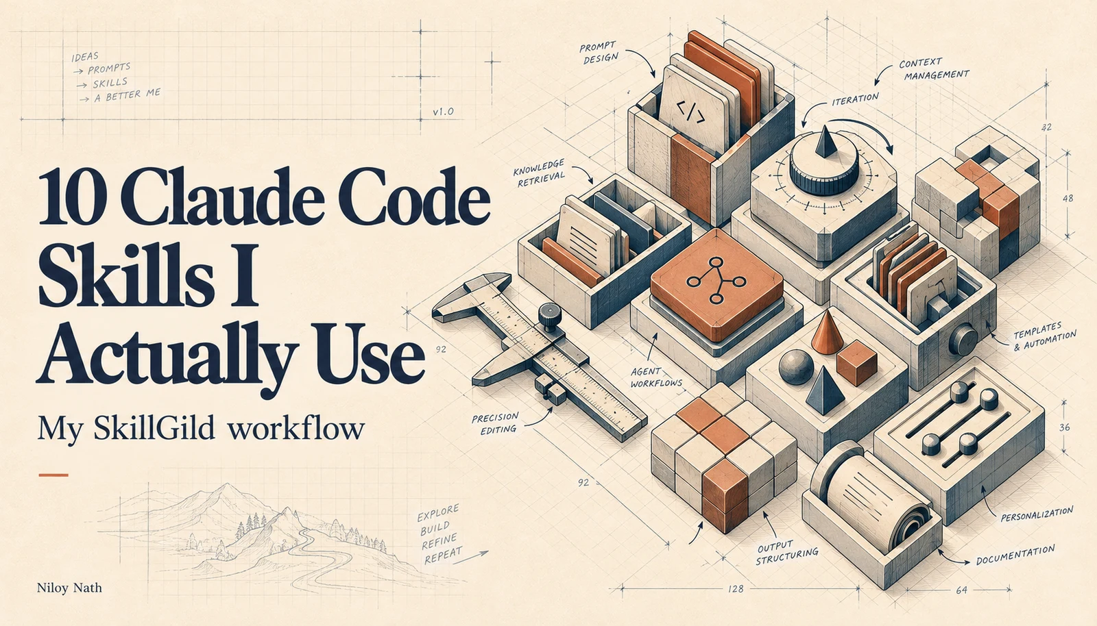 Editorial cover showing Claude Code skills as an isometric toolkit on graph paper