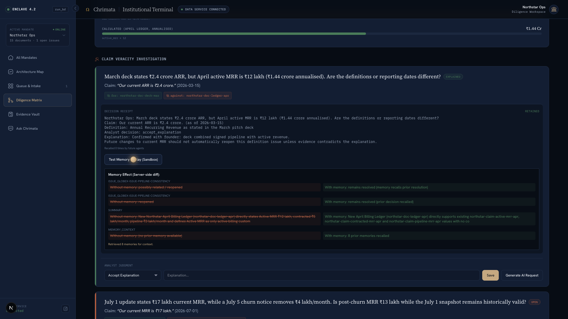 Chrimata compares a financial diligence review with memory off and with Hindsight recall enabled.